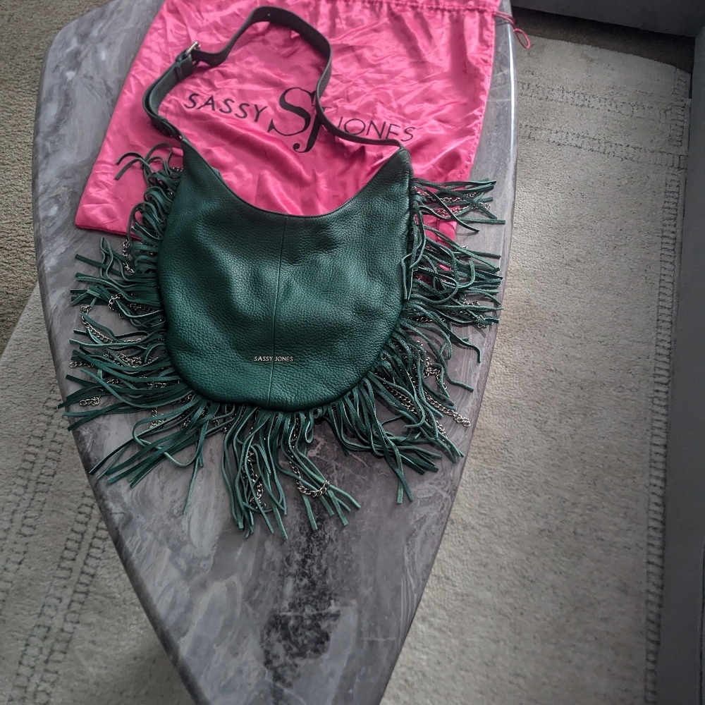 Green crossbody bag with silver and green tassel